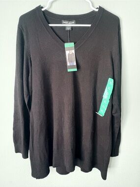 DKNY Jeans Black V-Neck Tunic Sweater Oversized Long Sleeve NWT XL
